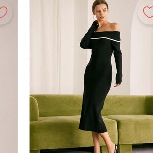 RIHOAS The Black Off The Shoulder Contrast Midi Dress